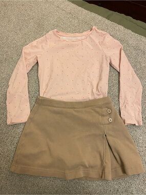 Lands’ End Kids Pink Dot Long Sleeve Top with Khaki Skirt Set